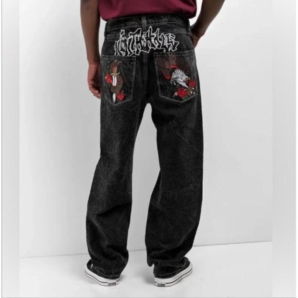 Ninth Hall Ambush Baggy Jeans Mens 28x28 Black Acid Wash Snake Rose Embroidered